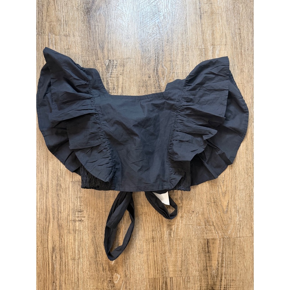 HT 360 Collective Black Ruffle Crop Top Tie Back Smocked Cotton Large NWT